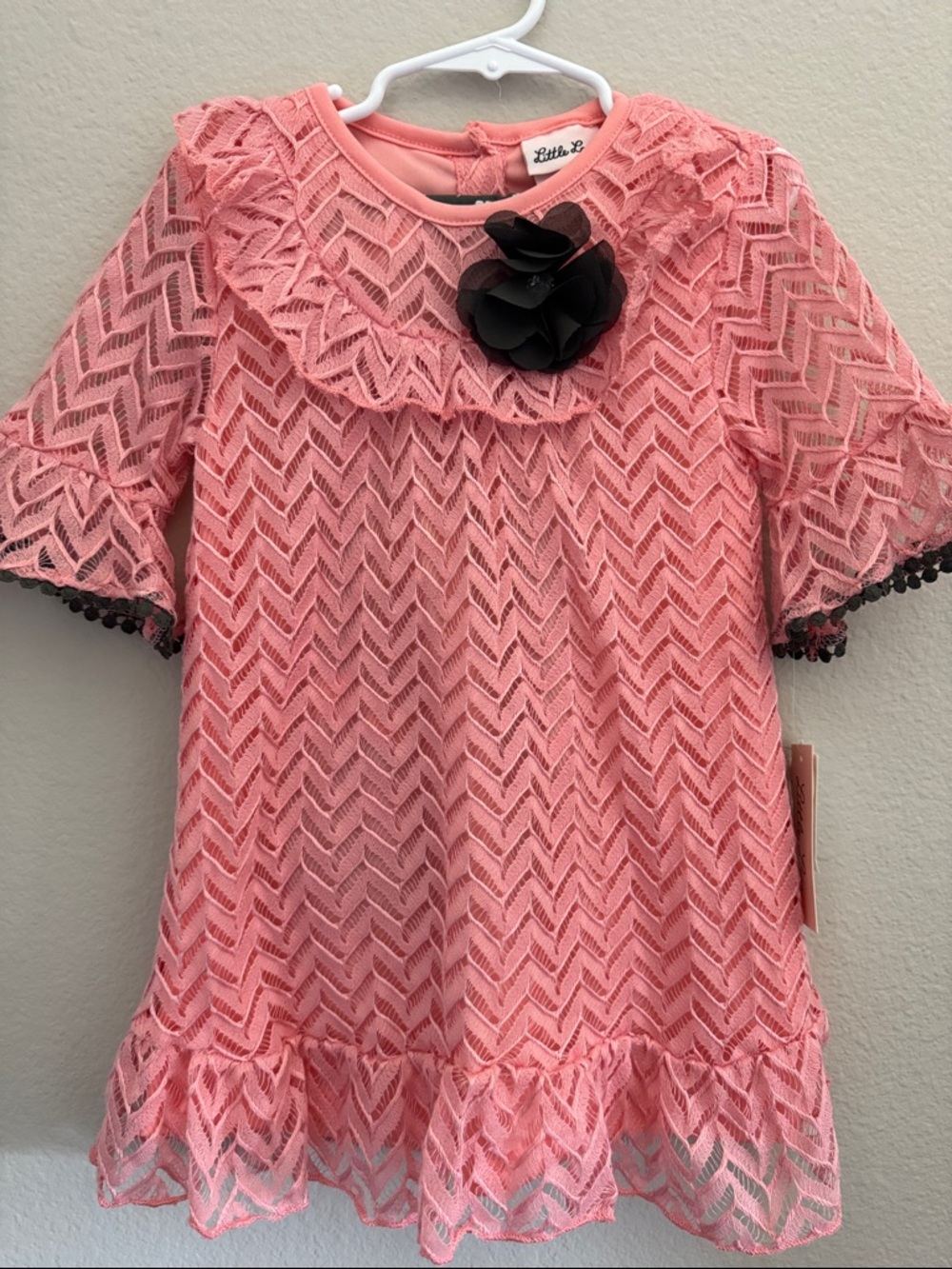 Little Lass Pink Lace Blouse with Black Flower Accent and matching Unicorn pants